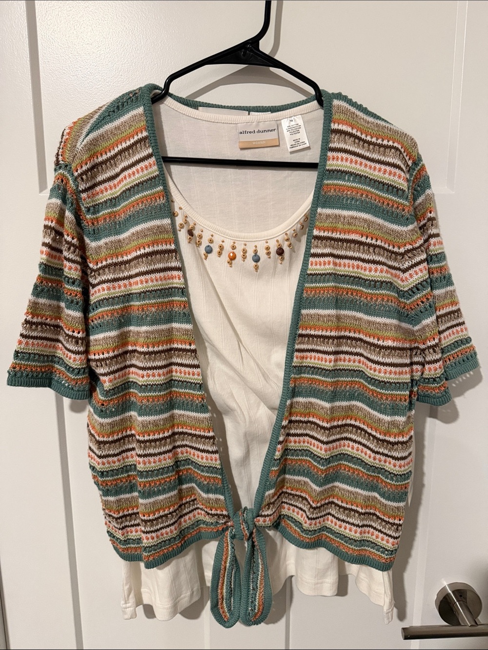 NWT Alfred Dunner Teal Multi-Stripe Knit Tie-Front Cardigan Top